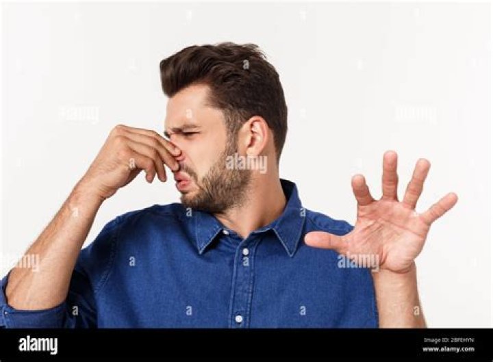 (l-r): man holding nose, another man smiling, a woman holding her nose.